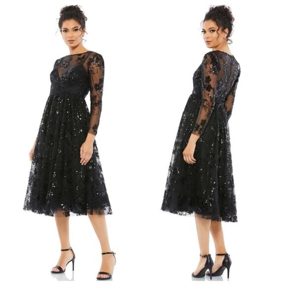 Mac Duggal Floral Embellished Illusion Cocktail Dress Black Size 6 NWT
